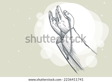 Line drawing of ramadan kareem and eid mubarak concept. Muslim Praying hands holding rosary line drawing. Praying Hands on isolated background.