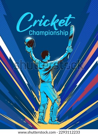 Cricket player celebrate century or winning match concept poster design. illustration of batsman in winning pose on blue background. Batsman celebrates after hitting a winning shot.