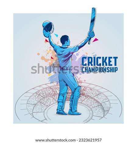 Cricket player celebrate century or winning match concept poster design. Vector illustration of batsman in winning pose. Batsman celebrates after hitting a winning shot