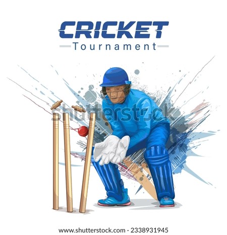 Wicket keeper standing behind stumps and preparing to catch the ball. illustration of cricket championship Vector banner. Red cricket ball hitting the wicket stumps.
