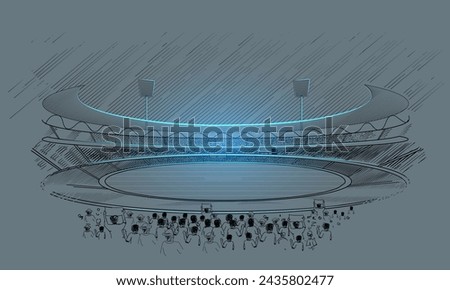 Line drawing Sketch of Stadium Vector. Cricket stadium line drawing illustration. Soccer playground Sketch on dark background