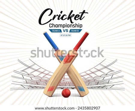 Cricket championship banner with bat and ball. Live cricket tournament match background. Cricket Stadium background illustration.