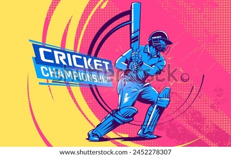 illustration of batsman playing cricket. Batsman hitting the ball in action. Cricket championship vector Banner design on colorful background.