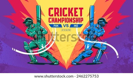 illustration of batsman playing cricket. Batsman In Playing Action On colorful vector background. Cricket match banner design. PAK VS IND cricket player in action.