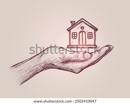 Drawing Vector Illustration of Hand holding home icon. Hand-Drawn Sketch of Social support, charity, donation, insurance, on Isolated Background.