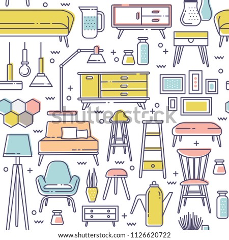 Scandinavian furniture seamless pattern. Template with line symbols of interior item. Ideal background for packaging or web. Clean, minimalistic concept for furniture company.