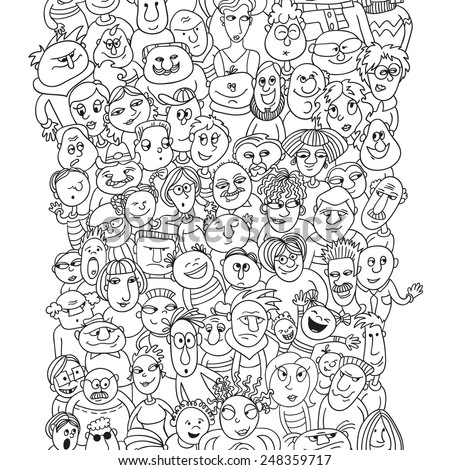 Crowd of funny people faces, bubble shape people, seamless background for your design