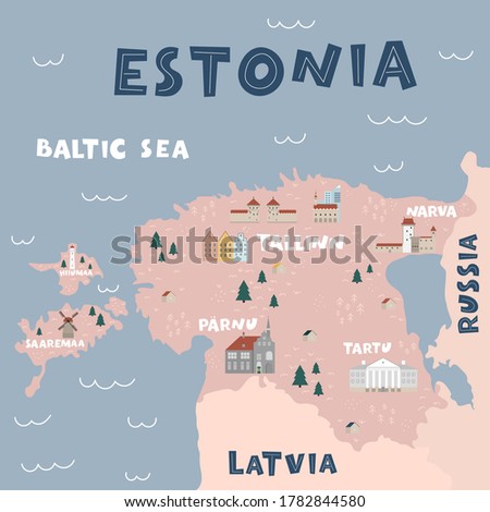 Estonia map flat hand drawn vector illustration. Names lettering and cartoon landmarks. Baltic sea, Narva, Parnu, Tartu city. Tallinn travel, trip comic infographic poster, banner concept design