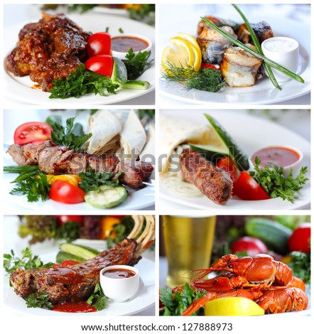 Collage from photographs of hot meat and fish dishes