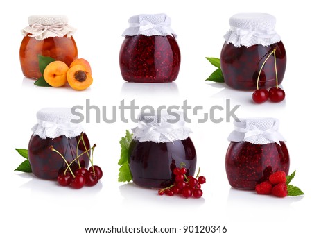Set of jars with berry jam isolated on white background