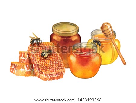 Tree watercolor bottles of different sorts of honey, decorated with honeycombs, dipper and bees. Hand painted isolated design