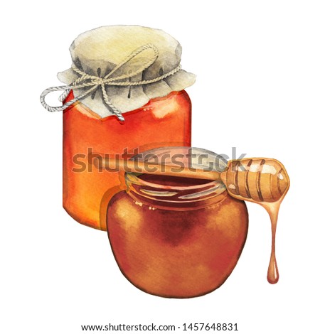 Two watercolor bottles of different sorts of honey, decorated with dripper. Hand painted isolated design