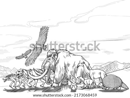 Composition of a graphic prehistoric animals and caveman walking in a line with a mountain landscape on a background. Vector historical illustration of the Ice Age