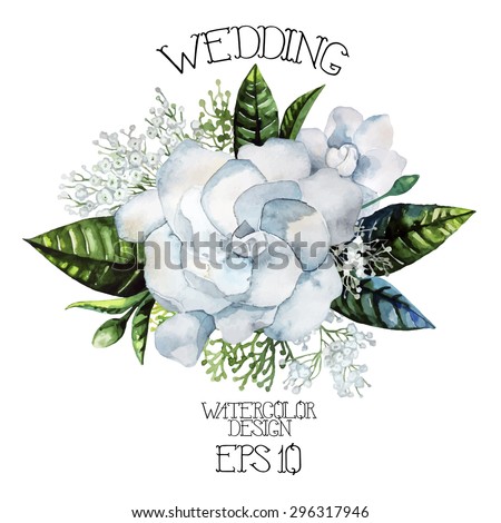 Watercolor gardenia and gypsophila vignette. Vector wedding design