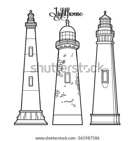 Graphic lighthouses set:  three variants of the architectural form. Graphic vector illustration isolated on white background. Coloring book page design for adults and kids