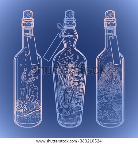 Ocean flora and fauna in bottles. Travel memories collection. Marine plants and fish in pink and blue colors