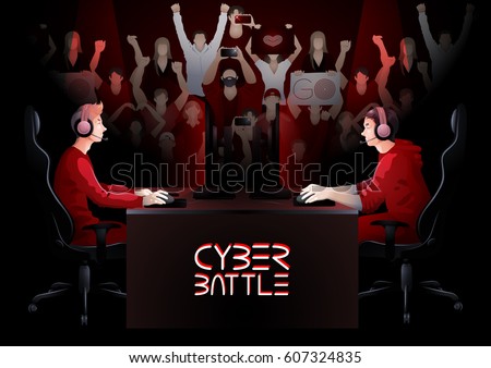 Two game players sitting at the table opposite each other with a crowd of cheering fans on the background. Side view. Vector participants of cyber sport tournament