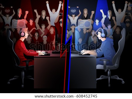 Two game players sitting at the table opposite each other with a crowd of cheering fans on the background. Side view. Vector participants of cyber sport tournament