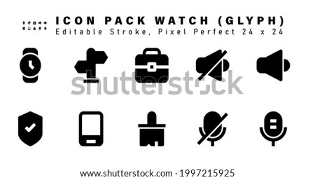 Icon Set of Watch Glyph Icons. Contains such Icons as Sound, Shield, Handphone, Brush etc. Editable Stroke. 24 x 24 Pixel Perfect