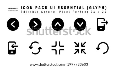 Icon Set of Ui Essential Glyph Icons. Contains such Icons as Phone, Call, Arrow, Minimize etc. Editable Stroke. 24 x 24 Pixel Perfect