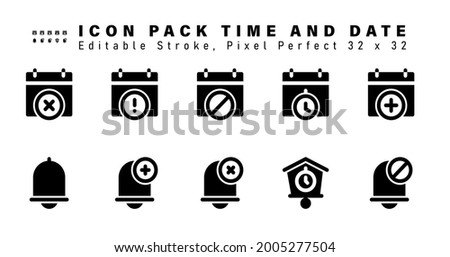 Icon Set of Time And Date Glyph Icons. Contains such Icons as Add Calendar, Notification, Add Time, Bell Error etc. Editable Stroke. 32 x 32 Pixel Perfect