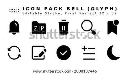Icon Set of Bell Glyph Icons. Contains such Icons as Bookmark, Repeat, Write, Tick etc. Editable Stroke. 32 x 32 Pixel Perfect