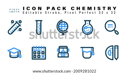Icon Set of Chemistry Two Color Icons. Contains such Icons as  Magnifying Glass, Graduation, Calendar, Bus etc. Editable Stroke. 32 x 32 Pixel Perfect