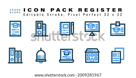 Icon Set of Register Two Color Icons. Contains such Icons as  School, Books, Bell, Laptop etc. Editable Stroke. 32 x 32 Pixel Perfect