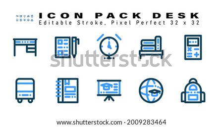 Icon Set of Desk Two Color Icons. Contains such Icons as Calculator, Bus, Bookmark, School Presentation etc. Editable Stroke. 32 x 32 Pixel Perfect