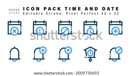 Icon Set of Time And Date Two Color Icons. Contains such Icons as Add Calendar, Notification, Add Time, Bell Error etc. Editable Stroke. 32 x 32 Pixel Perfect