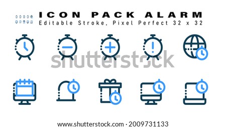 Icon Set of Alarm Two Color Icons. Contains such Icons as Global Time, Online Calendar, Notification Time, Schedule Gift etc. Editable Stroke. 32 x 32 Pixel Perfect