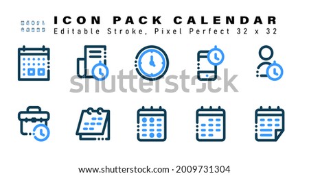 Icon Set of Calendar Two Color Icons. Contains such Icons as User Time, Working Time, Calendar, Date etc. Editable Stroke. 32 x 32 Pixel Perfect