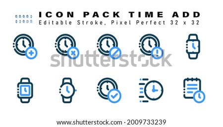 Icon Set of Time Add Two Color Icons. Contains such Icons as Smartwatch, Circle, Device, Time Check Symbol etc. Editable Stroke. 32 x 32 Pixel Perfect