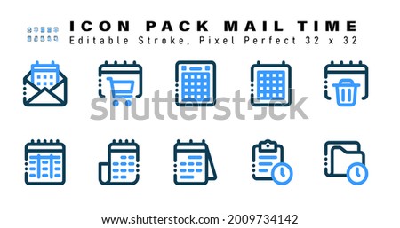 Icon Set of Mail Time Two Color Icons. Contains such Icons as Delete Date, Monthly Calendar, Calendar, Daily Calendar etc. Editable Stroke. 32 x 32 Pixel Perfect
