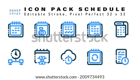 Icon Set of Schedule Two Color Icons. Contains such Icons as Monthly Calendar, Working Time, Christmas, Cloud Time etc. Editable Stroke. 32 x 32 Pixel Perfect