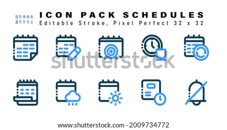 Icon Set of Schedules Two Color Icons. Contains such Icons as Refresh Date, Monthly Calendar, Rainy Calendar, Summer etc. Editable Stroke. 32 x 32 Pixel Perfect