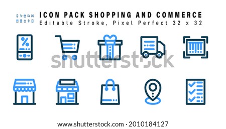 Icon Set of Shopping And Commerce Two Color Icons. Contains such Icons as Barcode, Ecommerce, Store, Bag etc. Editable Stroke. 32 x 32 Pixel Perfect