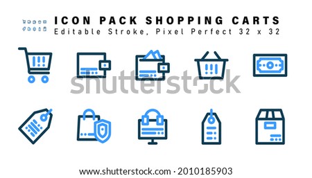 Icon Set of Shopping Carts Two Color Icons. Contains such Icons as Money, Label Tag, Online, Online Music etc. Editable Stroke. 32 x 32 Pixel Perfect