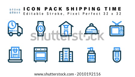 Icon Set of Shipping Time Two Color Icons. Contains such Icons as Television, Online Shopping, Oven, Building etc. Editable Stroke. 32 x 32 Pixel Perfect