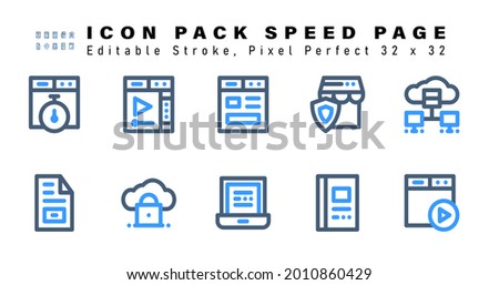 Icon Set of Speed Page Two Color Icons. Contains such Icons as Database, Content, Cloud Security, Laptop etc. Editable Stroke. 32 x 32 Pixel Perfect