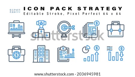 Icon Set of Strategy Two Color Icons. Contains such Icons as  Suitcase, Work Suitcase, Office Building,  Clipboard etc. Editable Stroke. 64 x 64 Pixel Perfect