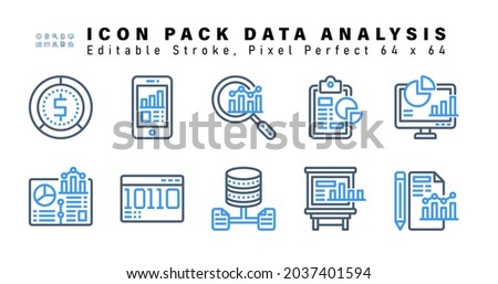 Icon Set of Data Analysis Two Color Icons. Contains such Icons as Business Intelligence, Graphical Book, Binary Cloud, Data Mining etc. Editable Stroke. 64 x 64 Pixel Perfect