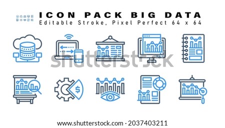 Icon Set of Big Data Two Color Icons. Contains such Icons as Curve Graph, Histogram, Gear Graph, Data Monitoring  etc. Editable Stroke. 64 x 64 Pixel Perfect