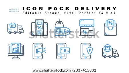 Icon Set of Delivery Two Color Icons. Contains such Icons as Shopping Bag Promo, Financial Website, Gadget Promos, Digital Cash etc. Editable Stroke. 64 x 64 Pixel Perfect