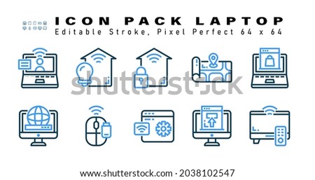 Icon Set of Laptop Two Color Icons. Contains such Icons as Online Shop, Monitor Internet, Mouse Wireless, Pair etc. Editable Stroke. 64 x 64 Pixel Perfect