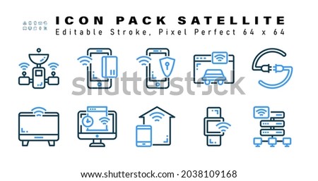 Icon Set of Satellite Two Color Icons. Contains such Icons as  Socket, Smart Tv, Speed Test, Smart House etc. Editable Stroke. 64 x 64 Pixel Perfect