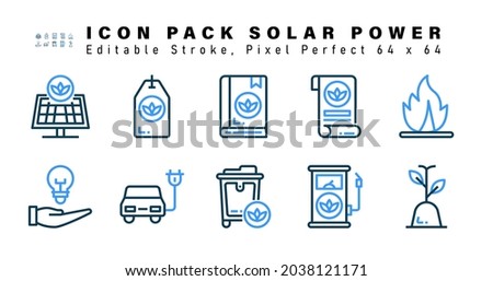 Icon Set of Solar Power Two Color Icons. Contains such Icons as Bonfire, Save Energy, Electric Car, Bin  etc. Editable Stroke. 64 x 64 Pixel Perfect
