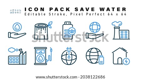 Icon Set of Save Water Two Color Icons. Contains such Icons as Air Pollution, Factory, Biofuel, Electric Plug etc. Editable Stroke. 64 x 64 Pixel Perfect