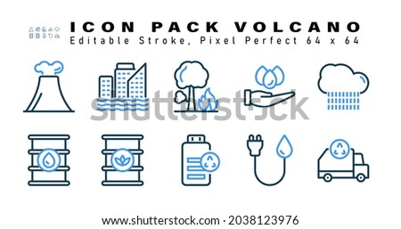 Icon Set of Volcano Two Color Icons. Contains such Icons as Rain Cloud, Oil Drum, Oil Barrel, Recycle Battery etc. Editable Stroke. 64 x 64 Pixel Perfect