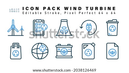 Icon Set of  Wind Turbine Two Color Icons. Contains such Icons as Recycling Bin, Bag, Global, Car Battery etc. Editable Stroke. 64 x 64 Pixel Perfect